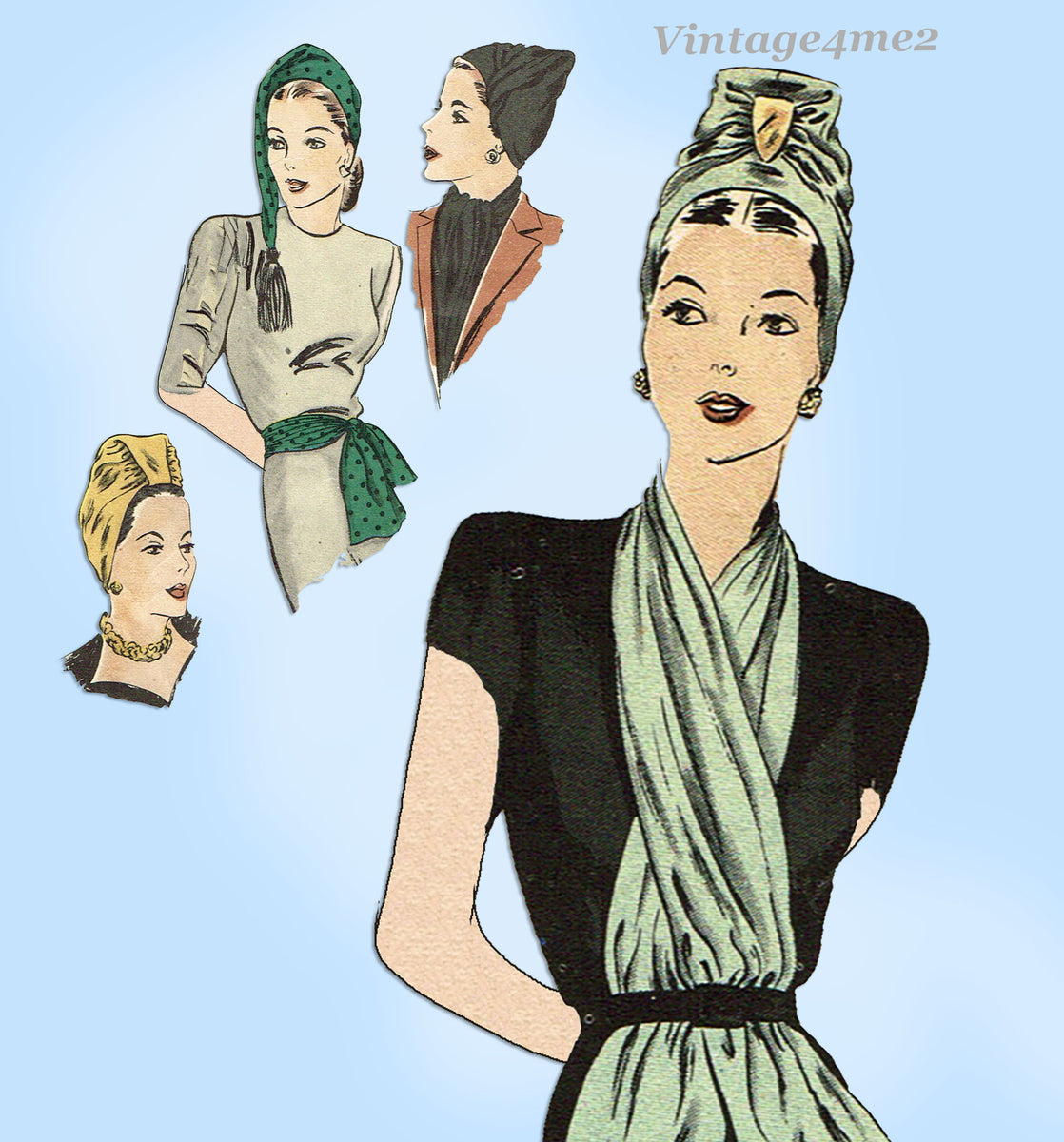 1940s Size 21 inches Draped Turban Basque Beret Hat Vogue popular 6124 Vintage Sewing Pattern Mid Century Millinery