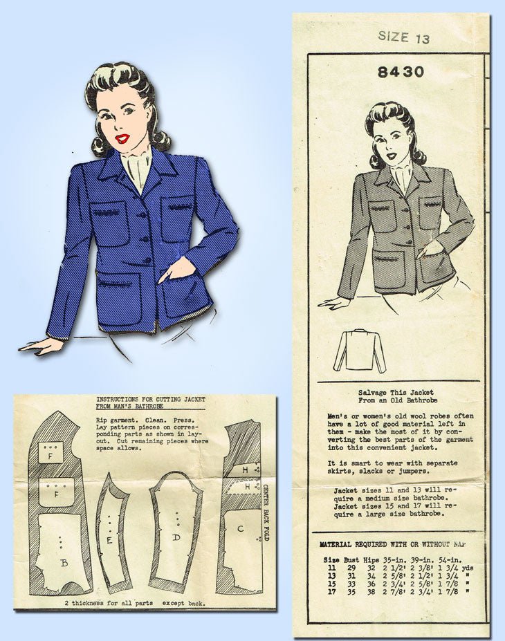 1940s Vintage Mail Order Sewing Pattern 8430 Misses WWII Ration Jacket –  Vintage4me2