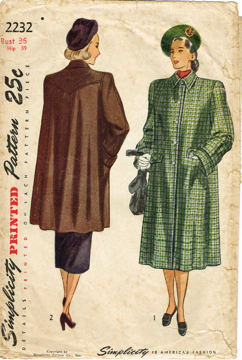 Simplicity 2949: 1940s Stylish Women's Coat Size 32 Bust Vintage