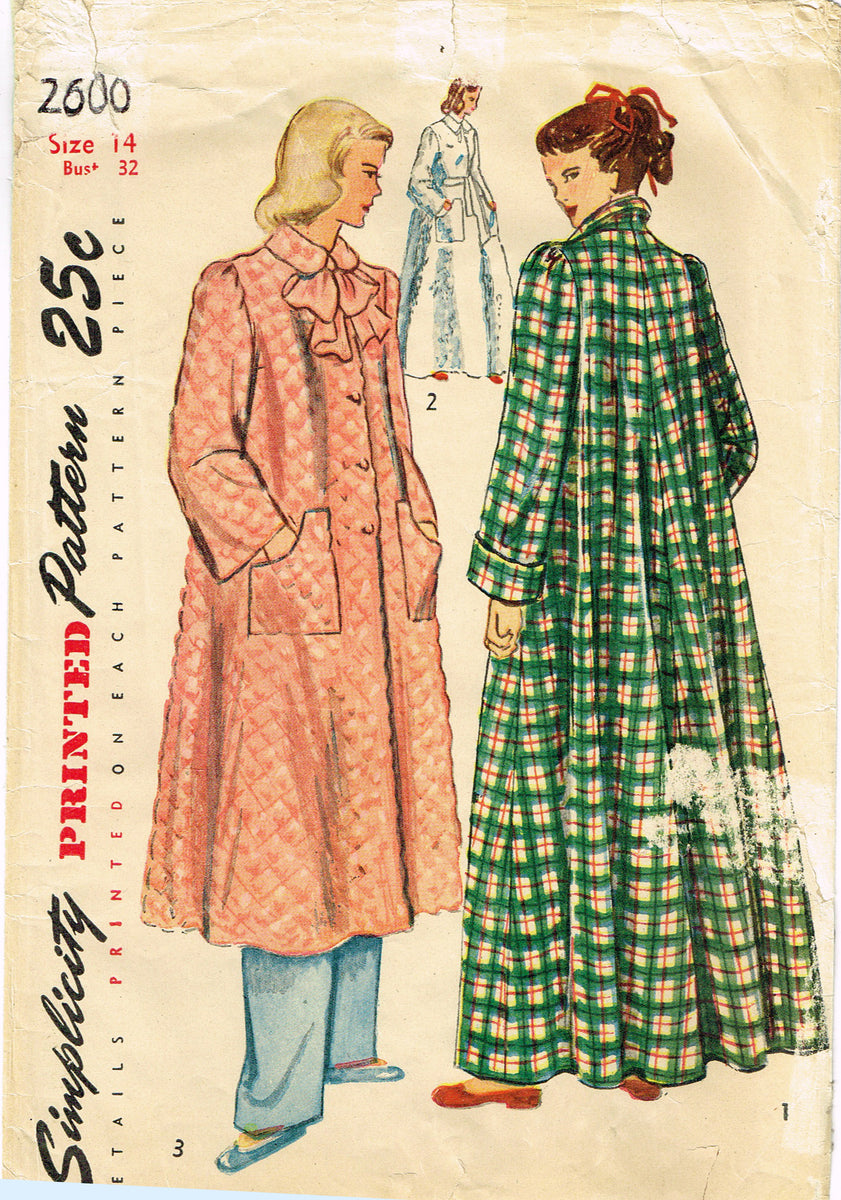 Simplicity 2600 1940s Misses Flared Housecoat Sz 32 B Vintage Sewing