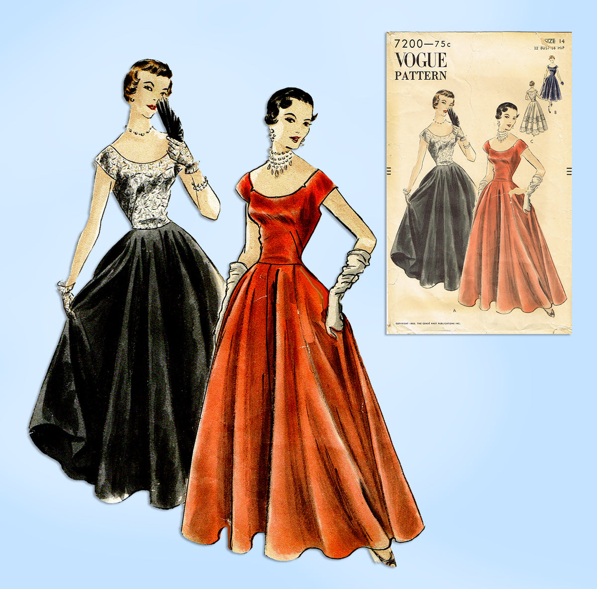 Vogue 7200: 1950s Stunning Misses Evening Gown Sz 32 Bust Vintage Sewing  Pattern