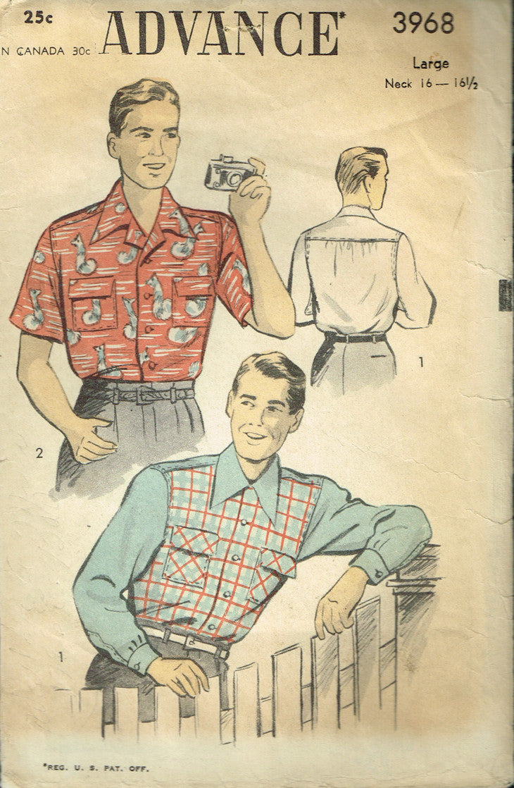 1940s Vintage Advance Sewing Pattern 3968 WWII Men's Casual Shirt Size 42  to 44C