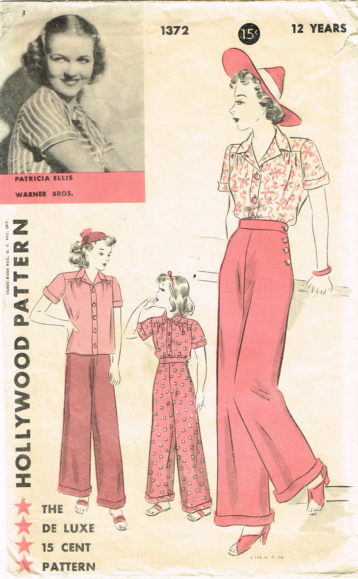 1930s Vintage Hollywood Sewing Pattern 1372 Misses Blouse and