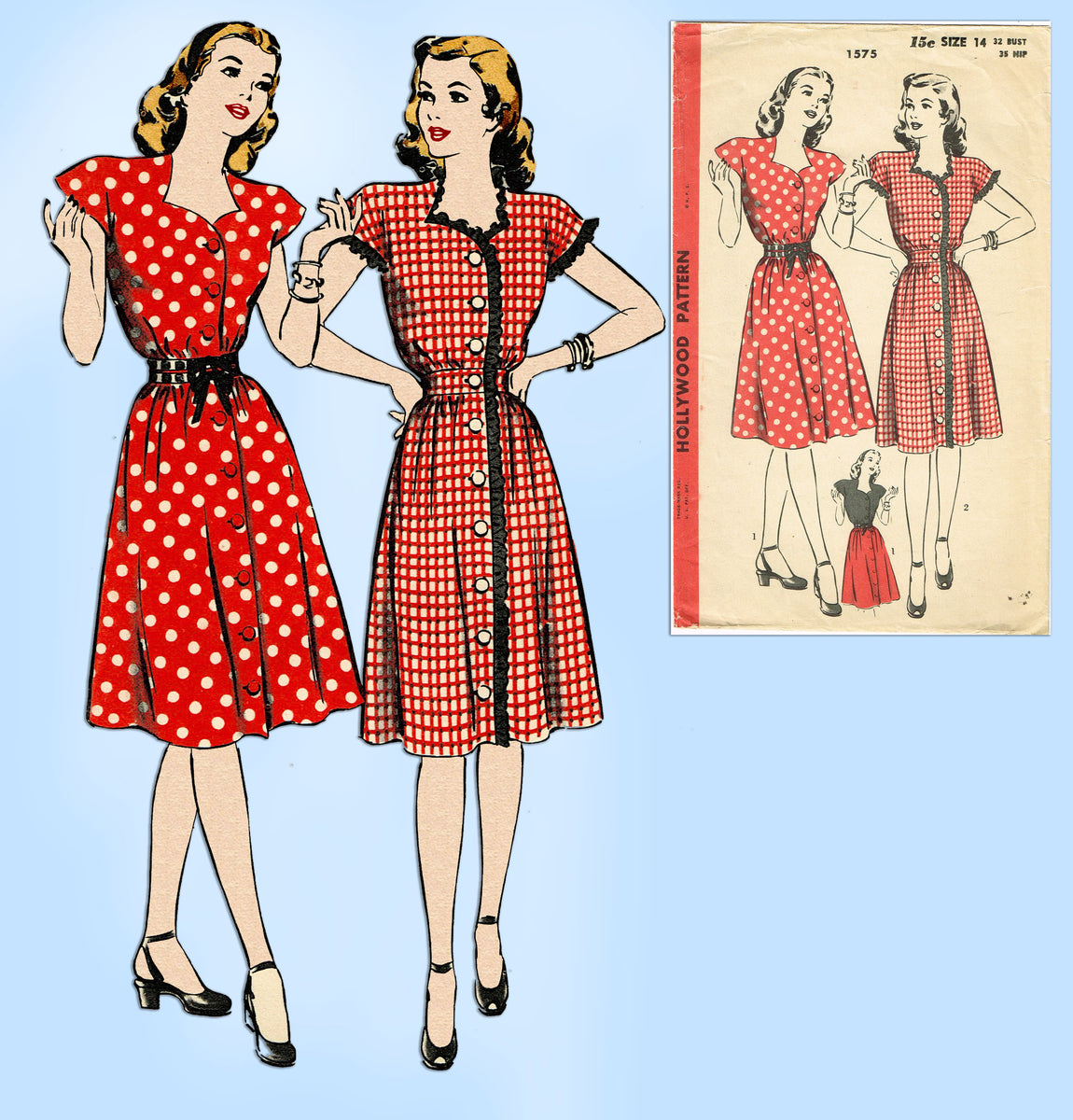 1940s BEAUTIFUL Evening Party Dress Pattern HOLLYWOOD 1059 Sweetheart  Neckline, 2 Lengths, Fitted Girdle Midriff, Featured Movie Star Marjorie