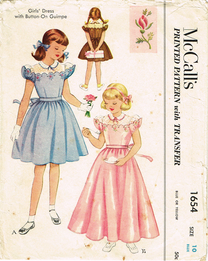1950s ADORABLE Little Girls Jumper Dress Pattern McCALLS 1827 Girls Dress  with Transfer for Embroidery or Crocheted Flowers Size 6 Vintage Childrens  Sewing Pattern