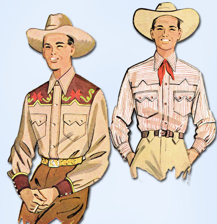 1950s Vintage McCall Sewing Pattern 1925 Mens Embroidered Western Shirt  Size Med