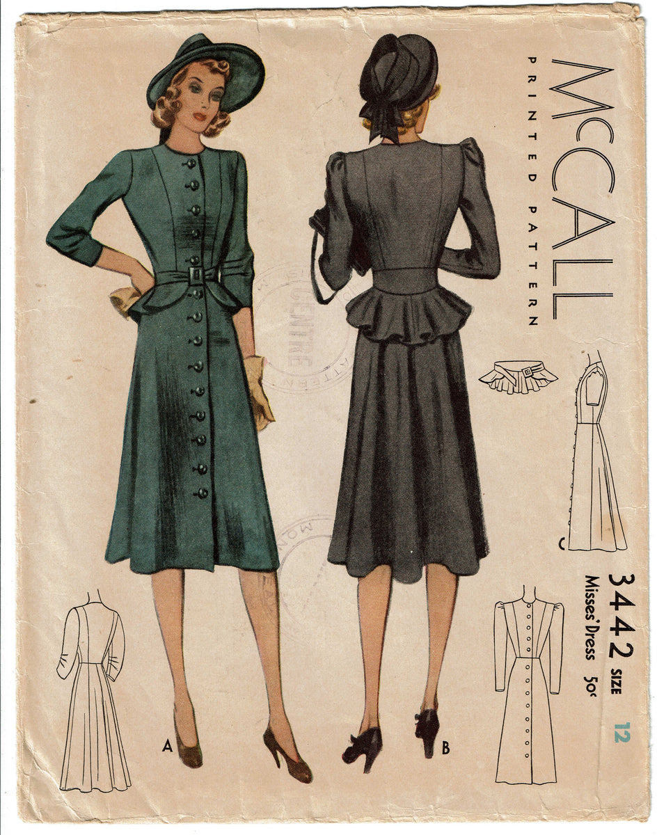 McCall 3442: 1930s Stunning Misses Peplum Dress Sz 30 B Vintage Sewing  Pattern