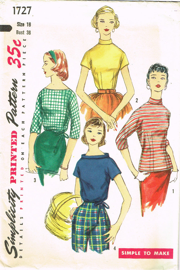 Simplicity 8399 vintage 1960s blouses sewing pattern Bust 36