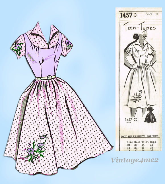 Mail Order 1457: 1950s Full Skirt Rockabilly Dress Sz 10 Vintage Sewing Pattern Complete