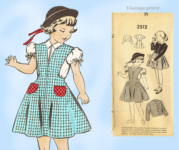 1950s Vintage Fashion Service Sewing Pattern 2512 Little Girls Dress and Jacket Size 8
