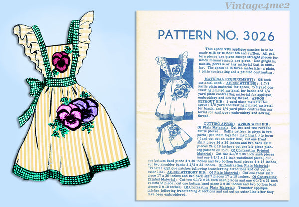 1950s Vintage Mail Order Pattern 3026 Uncut Misses Pansy Full Bib Apron Fits All