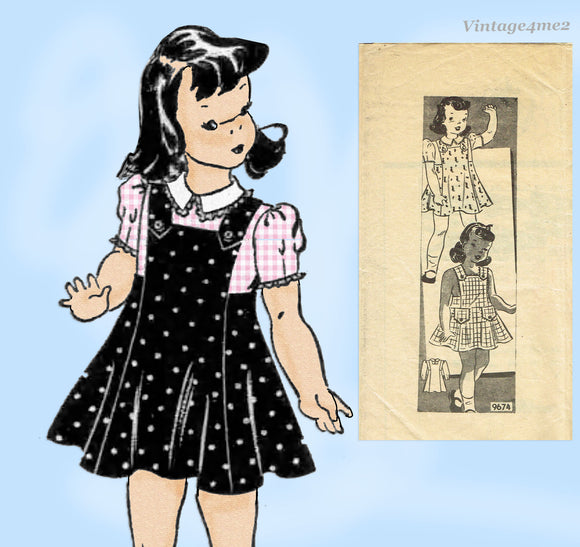 Marian Martin 9674: 1940s Little Girls Jumper Vintage Sewing Pattern Sz 8