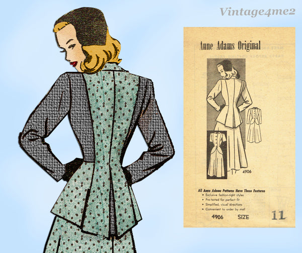 1940s Vintage Anne Adams Sewing Pattern 4906 Misses Peplum Suit Sz 11  UNCUT