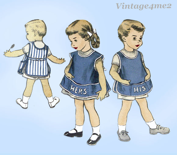 1950s Original Vintage Advance Pattern 6108 Toddlers His Hers Play Apron Size 2