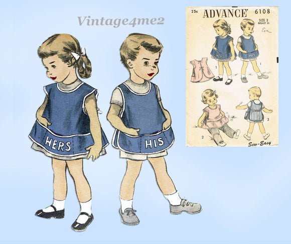 1950s Original Vintage Advance Pattern 6108 Toddlers His Hers Play Apron Size 2