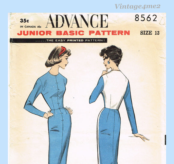 Advance 8562: 1950s Junior Misses Basic Dress Sz 33 Bust Vintage Sewing Pattern