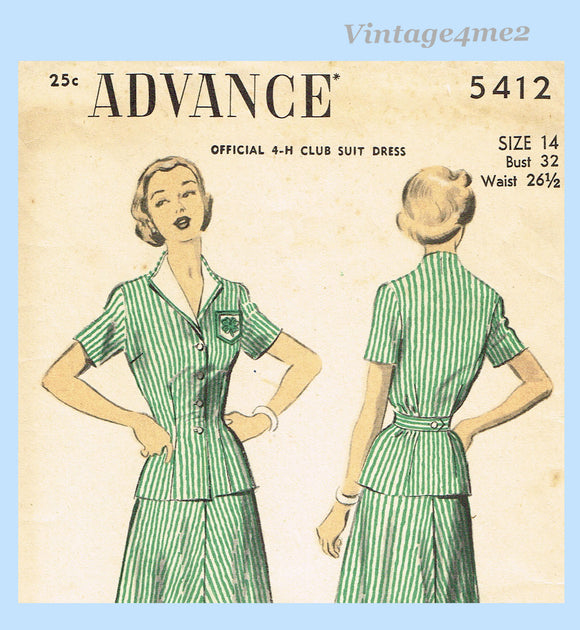 Advance 5412: 1950s Uncut Misses 4H Uniform Dress Sz 32 B Vintage Sewing Pattern