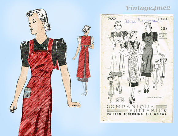 1930s Vintage Butterick Sewing Pattern 7652 Misses Apron w Sailor Collar Rare