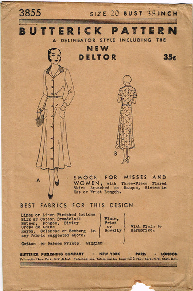 Butterick 3855: 1930s Uncut Misses Street Dress Size 38 B Vintage Sewing Pattern