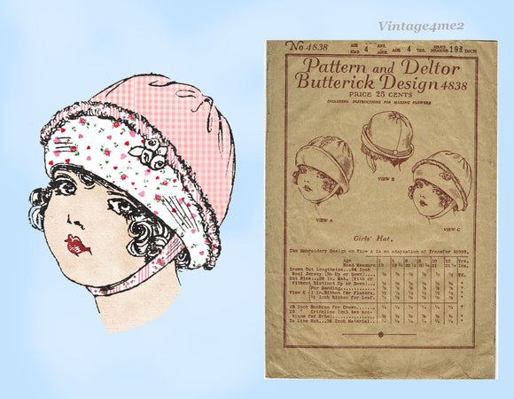 Butterick 4838: 1920 Rare Toddler Girls Cloche Hat Size 4 Vintage Sewing Pattern