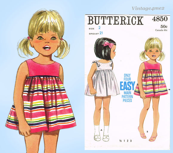 1960s Vintage Butterick Pattern 4850 Toddler Girls High Waist Dress Size 3