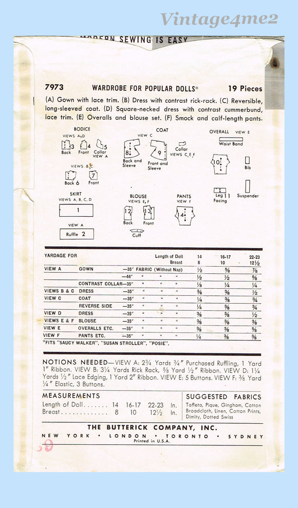 1950s Vintage Butterick Sewing Pattern 7973 Sweet 14 Inch Little Doll Clothes Set