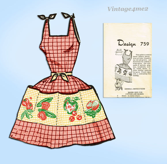 1950s Laura Wheeler 759 Jiffy Wrap Apron  Vintage Sewing Pattern w Color Transfer