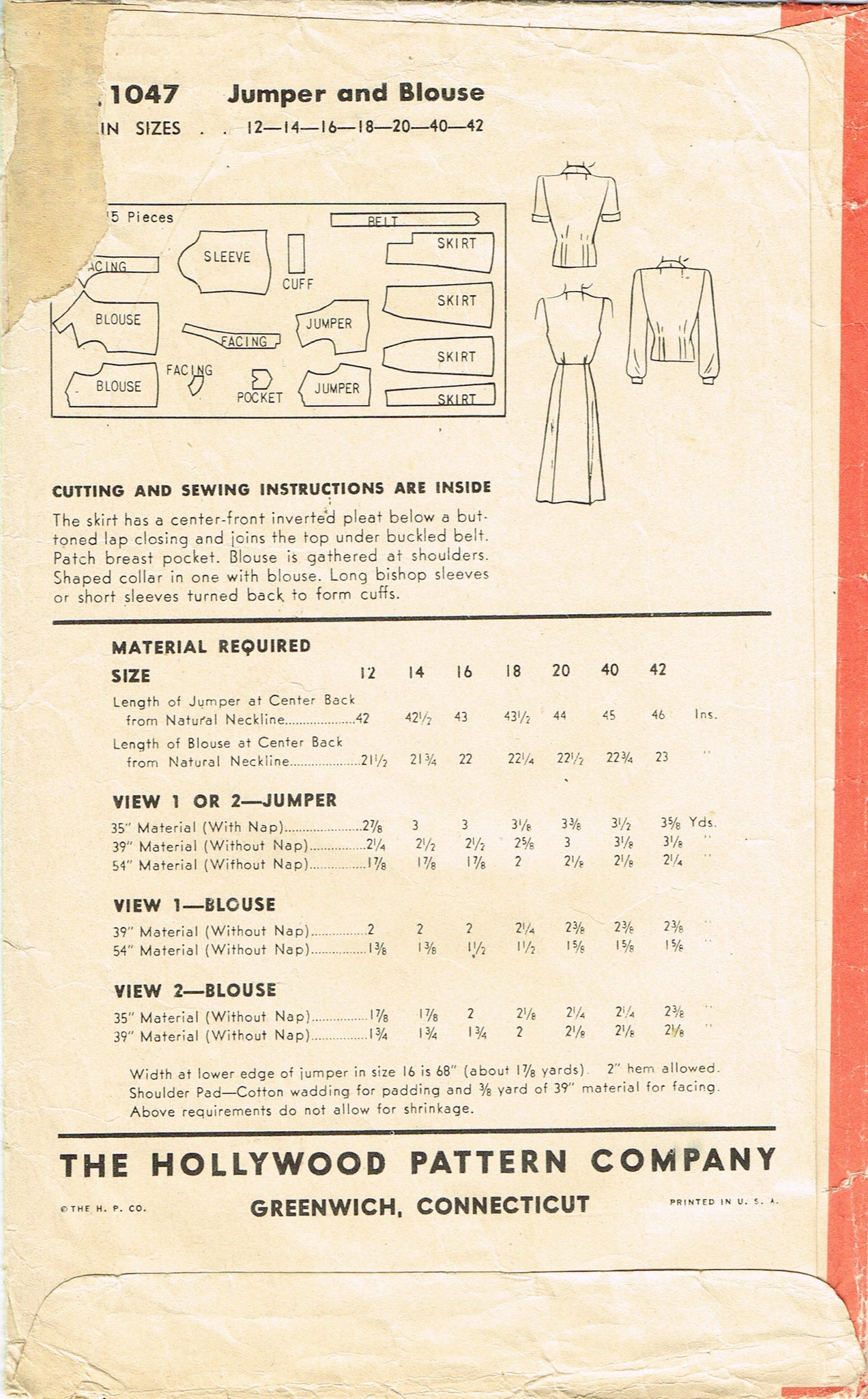 Hollywood Starlet 1142: 1940s WWII Dress Sz 34 B VTG Sewing Pattern ...