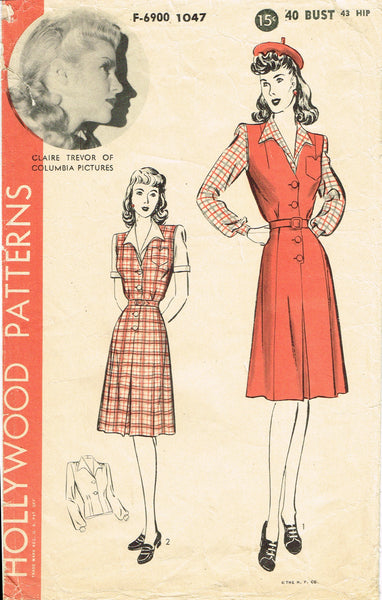 Hollywood Starlet 1047: 1940s Claire Trevor WWII Dress 40 B VTG Sewing Pattern