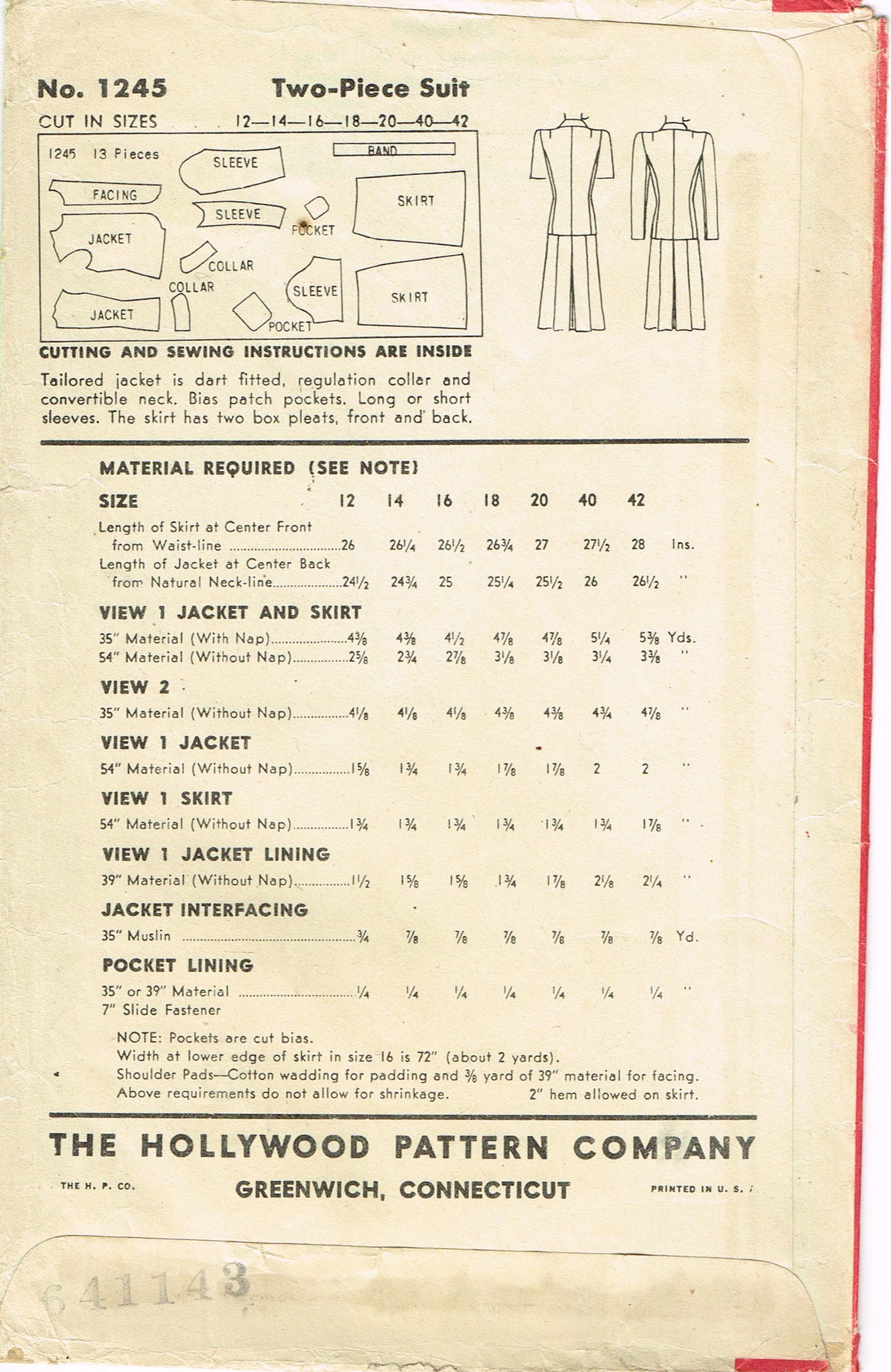 Hollywood Starlet 1194: 1940s WWII Suit Sz 32 B Vintage Sewing Pattern ...