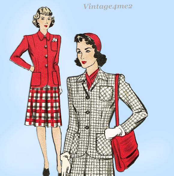 Hollywood 1245: 1940s Classic Uncut Misses Suit Size 34 B Vintage Sewing Pattern