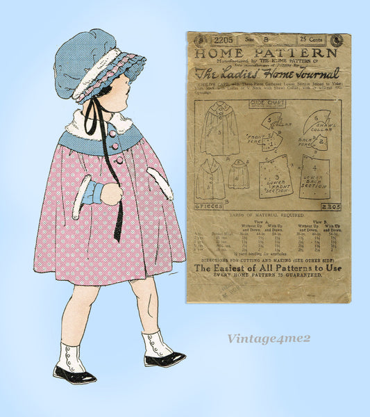 Ladies Home Journal 2205: 1920s Toddler Girls Cape Sz 8 Vintage Sewing Pattern