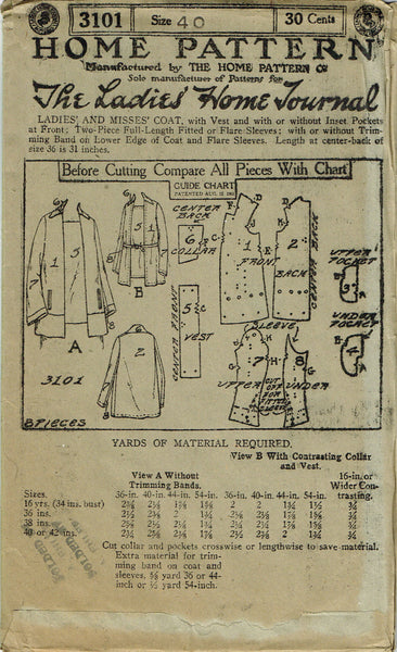 Ladies Home Journal 3101: 1920s Stunning Uncut Misses Coat Sewing Pattern