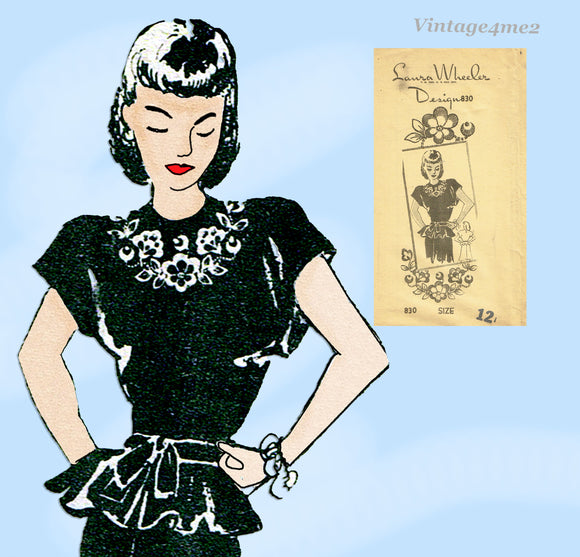 1940s Vintage Laura Wheeler Sewing Pattern 830 Misses Embroidered Peplum Dress Sz 30 Bust