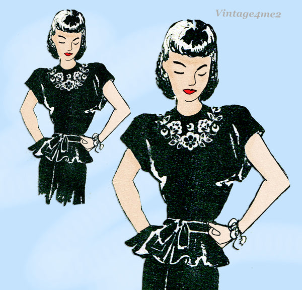 1940s Vintage Laura Wheeler Sewing Pattern 830 Misses Embroidered Peplum Dress Sz 30 Bust