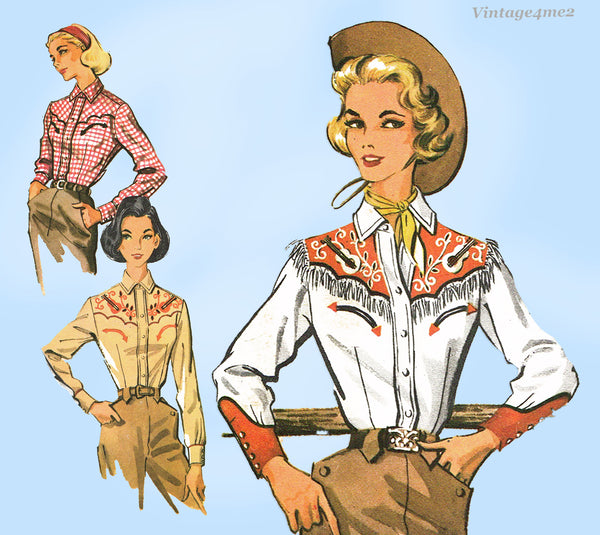 1950s Vintage McCall Sewing Pattern 2137 Misses Embroidered Western Shirt Sz 30 Bust