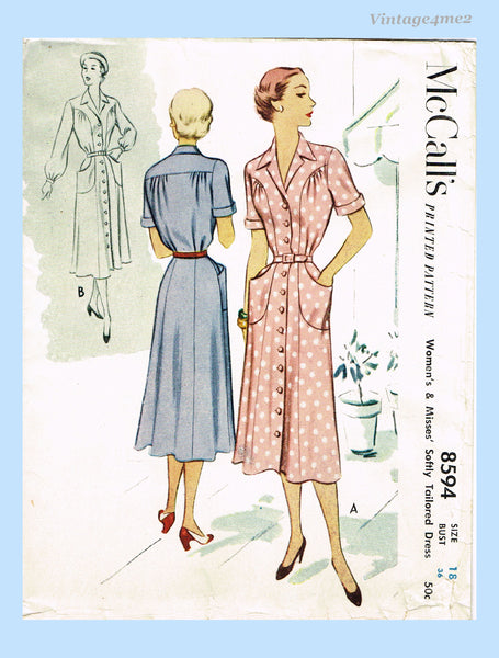 1940s Vintage McCall Sewing Pattern 8594 Uncut Misses Street Dress Sz 36 Bust