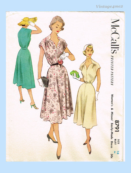 1950s Vintage McCall Sewing Pattern 8791 Uncut Misses Street Dress Sz 36 Bust