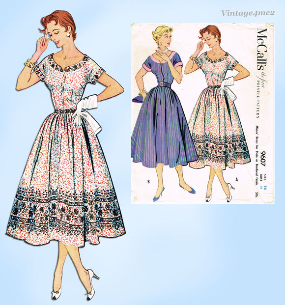 1950s Vintage McCall's Sewing Pattern 9607 Bordered Print  Dress Sz 32