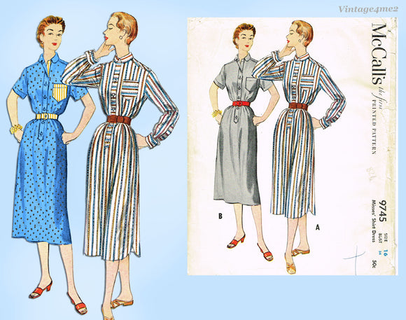 McCall 9745: 1950s Uncut Misses Shirtwaist Dress Sz 34 B Vintage Sewing Pattern