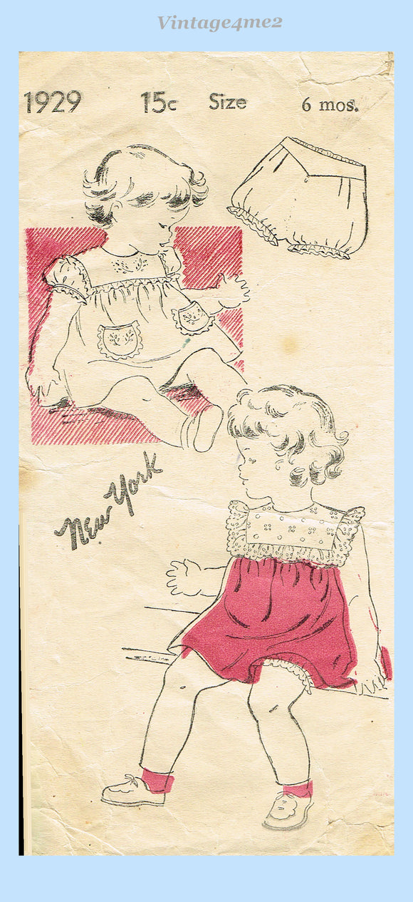 New York 1929: 1940s Baby Girls Dress Sz 6 Months Vintage Sewing Pattern