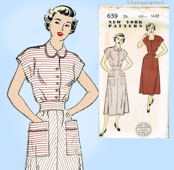 New York 659: 1940s Uncut Misses House Dress Sz 32 Bust Vintage Sewing Pattern