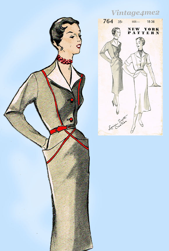 New York 764: 1950s Uncut Misses Designer Dress Sz 36 B Vintage Sewing Pattern