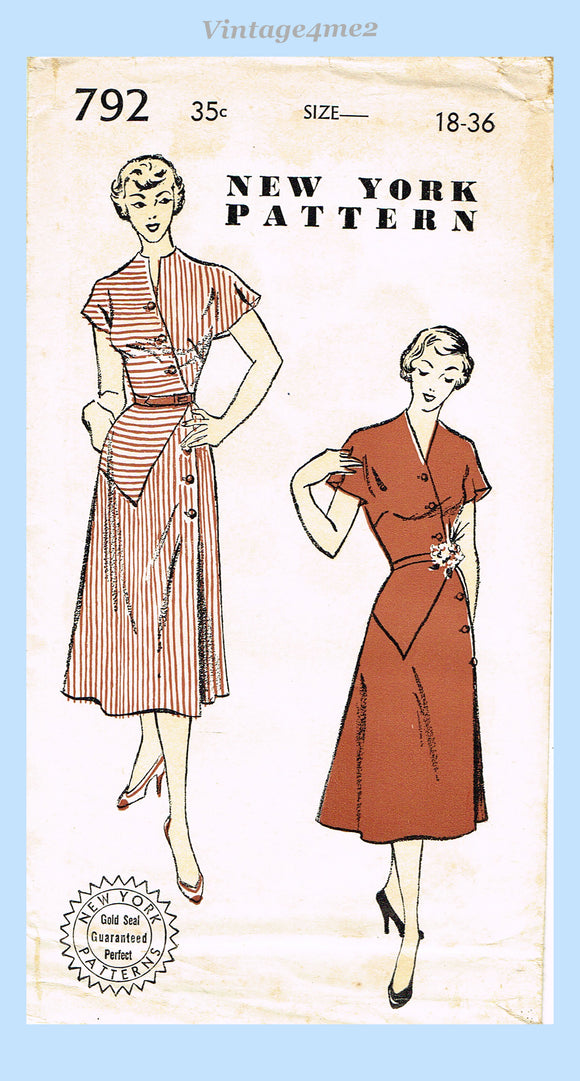 New York 792: 1950s Uncut Misses Street Dress Sz 36 B Vintage Sewing Pattern