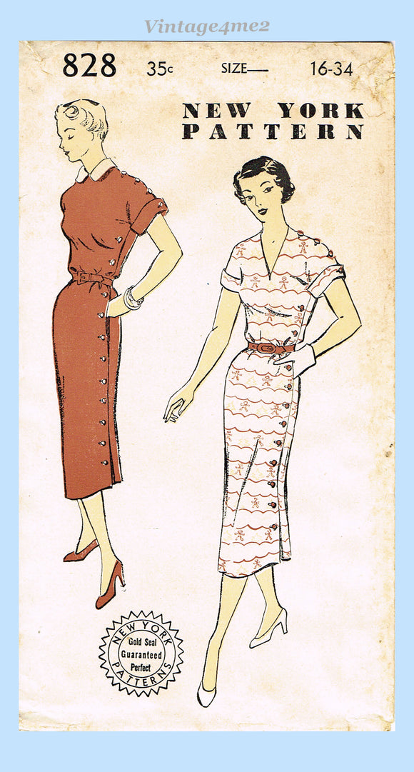 New York 828: 1950s Uncut Misses Street Dress Sz 34 B Vintage Sewing Pattern