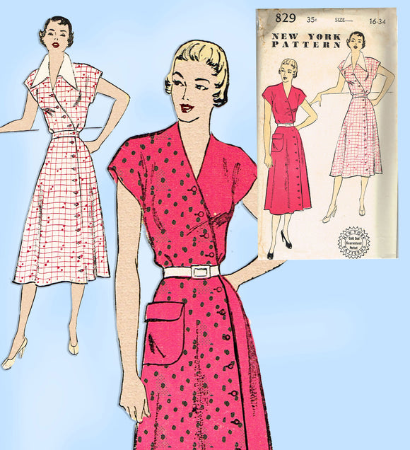 New York 829: 1950s Uncut Misses Day Dress Sz 34 Bust Vintage Sewing Pattern