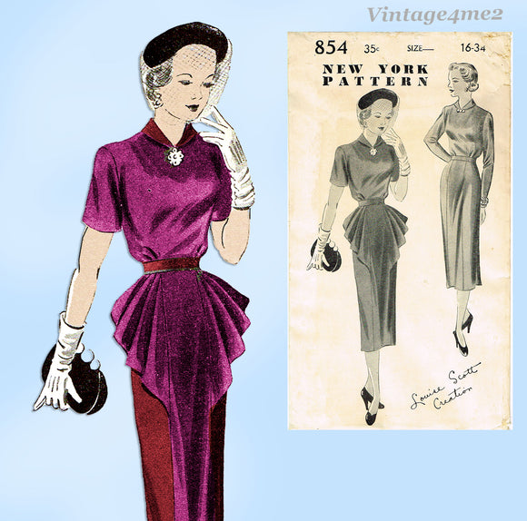 New York 854: 1950s Uncut Designer Cocktail Dress Sz 34 B Vintage Sewing Pattern