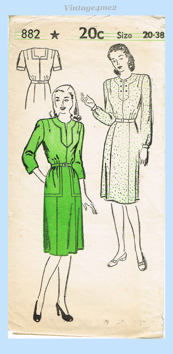 1940s Vintage New York Sewing Pattern 882 Misses WWII Day Dress Sz 38 Bust