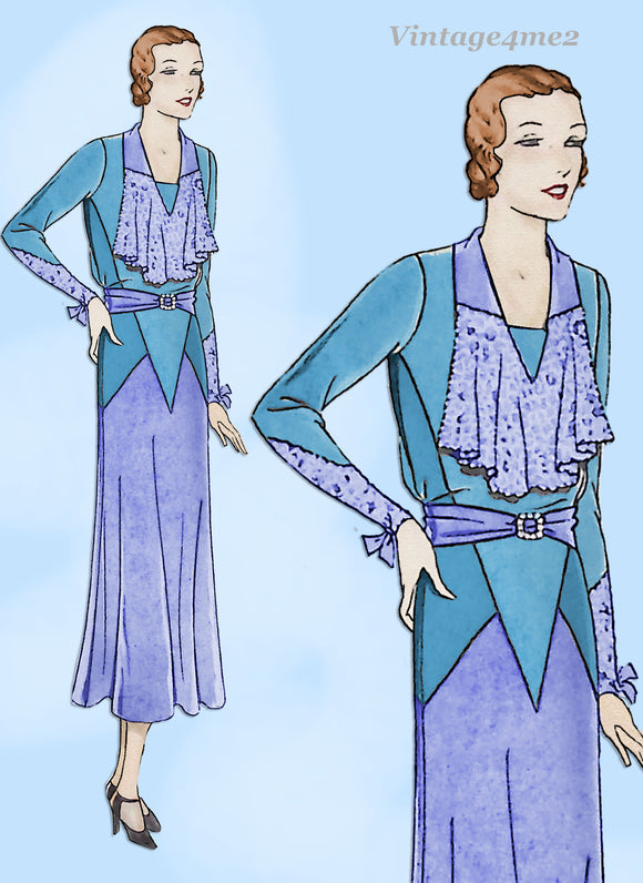 Pictorial Review 5775: 1930s Stylish Misses Street Dress Sz 39 B Vintage Sewing Pattern