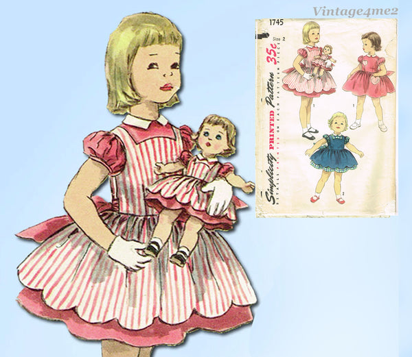 1950s Vintage Simplicity Sewing Pattern 1745 Baby Girls Dress with Matching Doll